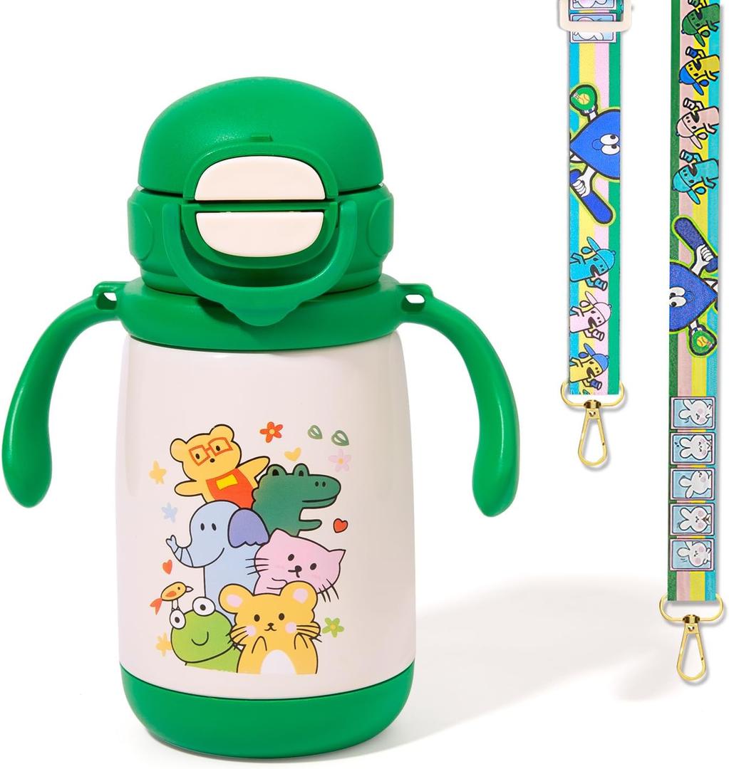 PHEENOWL 13oz Kids Insulated Water Bottle, 2-in-1 Straw & Spout Lid, with Shoulder Strap and Handle, 316 Stainless Steel Water Bottle for Toddler, Sports, Travel, and School (Green - Animals)