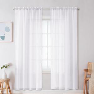 OWENIE Crushed White Sheer Curtains 54 Inch Length 2 Panels, Light Filtering Crinkled Textured Voile Sheer White Curtain Panels/Window Drapes for Living Room/Bedroom Window Treatments, 42 x 54 Inch