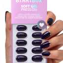 BTArtbox Press On Nails Oval - Vintage Silver, Dark Blue Silver Foil Short Press On Nails with Glue and Adhesive Tabs for Women, Soft Gel Glue On Nails in 16 Sizes - 32 Stick On Nails Kit