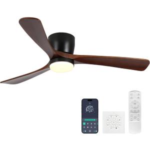 Ceiling Fans with Lights and Remote Control, 42 Inch Solid Wood Blade, Low Profile Flush Mount, LED Dimmable DC Reversible Modern Ceiling Fans with APP Control for Bedrooms, Living Rooms, Patio, Black