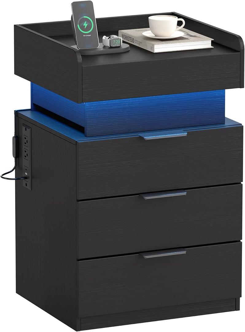 Turosur Night Stand with Gun Drawer, LED Nightstand with Charging Station, Wood Bedside Table with Hidden Storage and 3 Drawers for Bedroom, Modern Black