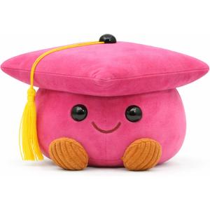 Cute Graduation Cap Plush Figurine, Soft Stuffed Mortarboard Decor with Smiley Face & Gold Tassel, Ideal Graduation Keepsake for Graduates, Friends & Colleagues (Pink)