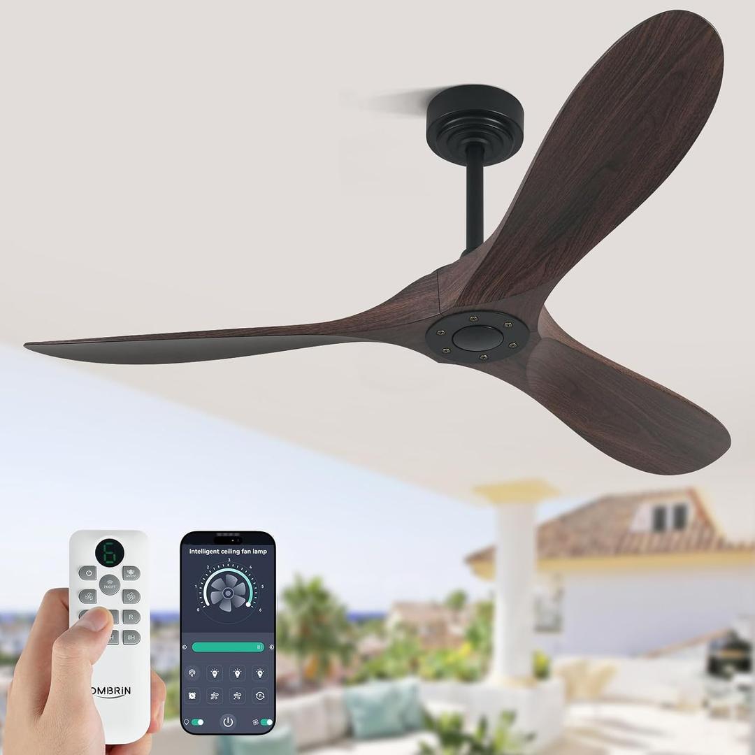 52" Ceiling Fan without Lights – Walnut Finish Outdoor Ceiling Fan with ABS Blades, 3-Blade, Remote & App Control, 6-Speed Adjustable Reversible DC Motor for Patio & Porch
