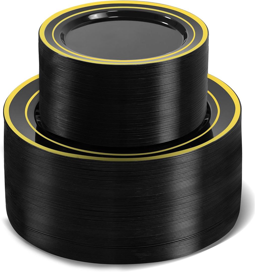 200 PCS Black and Gold Plastic Plates, Party Black Disposable Plates Include 100 10 inch Dinner Plate and 100 7 inch Dessert Plate,black gold rim plates Perfect for Party & Wedding