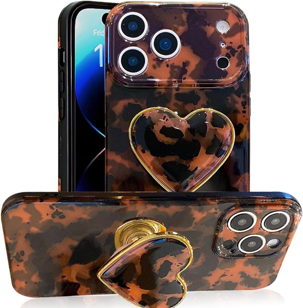 Compatible with Cute iPhone 17 Pro Max Case 6.9'', Tortoise Shell Phone Case with Brown Amber Print Leopard Heart Holder Stand Kickstand Shockproof TPU Protective Cover for Women Girls, Brown