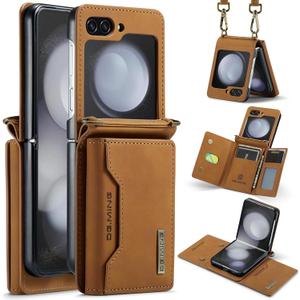 for Samsung Galaxy Z Flip 7 Case with Crossbody Wallet, 8 Cards Slot and Premium Leather Kickstand Vintage Card Holder.(Brown)