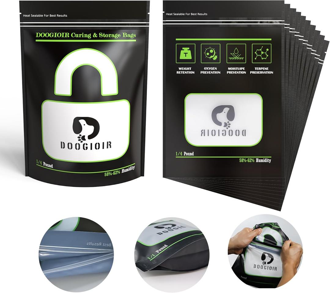 1/4 LB Curing & Storage Bags, Curing Bags for Food Storage, Double-Tracked Zip Closure Heat Sealable upright Cure Bag, Reusable Humidity Control Cure Bag (11.8 x 8.1 in, 10 Pack)