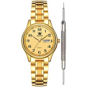 OLEVS Classic Watches for Women Analog Quartz Watch Stainless Steel Rugged Waterproof Watches Unique Calendar Date Business Wrist Watch (Gold, Gold-digital)