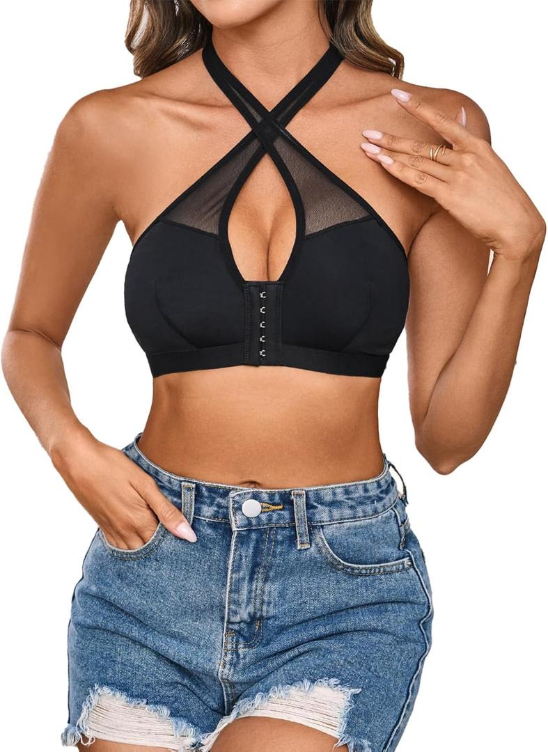 MakeMeChic Women's Halter Bra Front Closure Bralette Mesh Wireless Underwear (Large, Black)