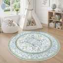 DCX Area Rug 4x4 Botanical Floral Washable Rugs in Green and Blue Soft Non Slip Low Pile Stain Resistant Round Carpet for High-Traffic Areas Bedroom Kitchen