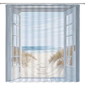 Ocean Beach Door Shower Curtain Tropical Hawaiian Scenery Sea Wave Coastal Landscape Nautical Sea Scenic Sand Blue Sky Summer Nautical Beachy Bathroom Decor Polyester Curtains with Hooks,70Wx70L