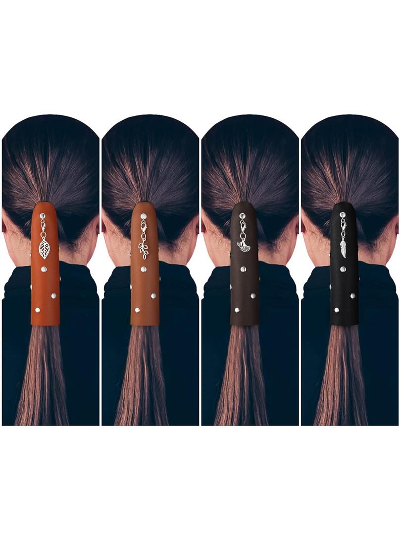 4 Pcs Leather Hair Wrap Motorcycle Ponytail Hair Wrap Ties for Woman PU Ponytail Holder Braided Helmet Bike Accessories(6 Inch,Black, Coffee, Brown, Reddish Brown)
