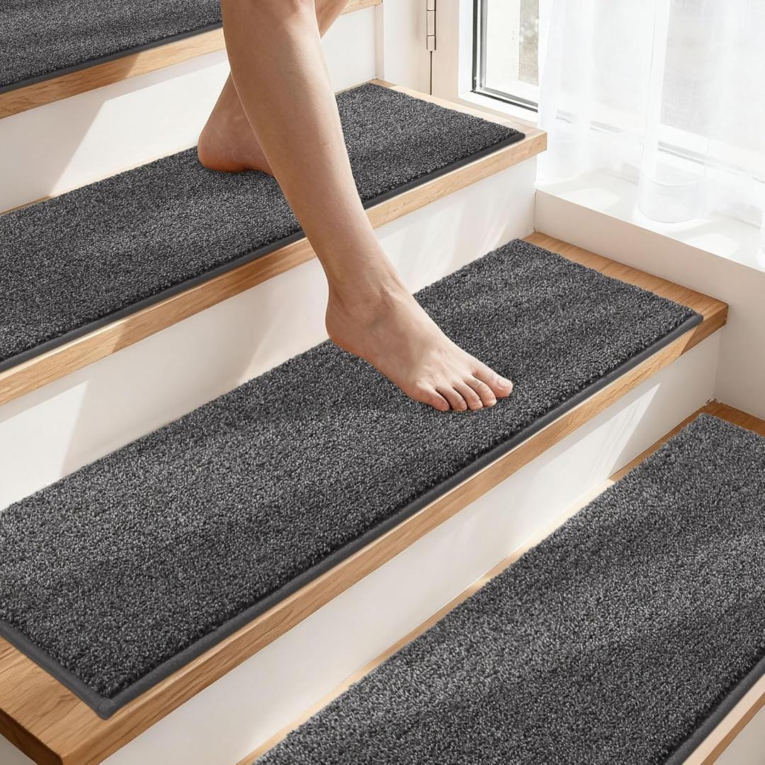 COSY HOMEER Stair Treads Non-Slip Carpet Stair Treads for Wooden Steps, Indoor Stair-Runner Rugs for Kids Elders & Pets 28"x9" (15Pc, Dark Gray)