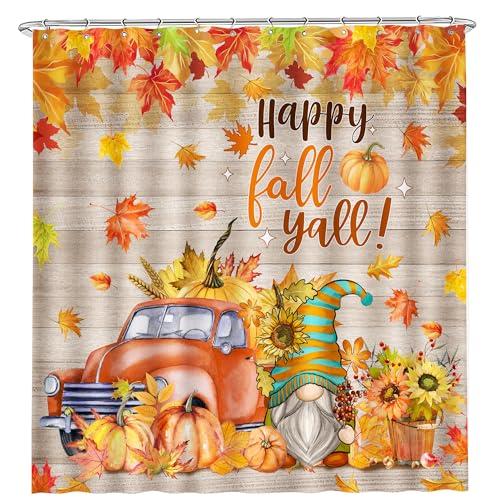 Unibyby Fall Truck Shower Curtain, Happy Fall Yall Curtain for Bathroom, Pumpkins with Maple Leaves Waterproof Bath Curtains with Hooks for Decorations, 71x84 Inches