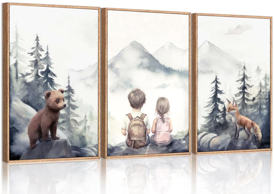 3Pcs Adventure Nursery Wall Art Woodland Animals Bear & Fox Wall Decor Watercolor Mountain Kids Canvas Posters for Classroom Baby Room Decorations Unframed