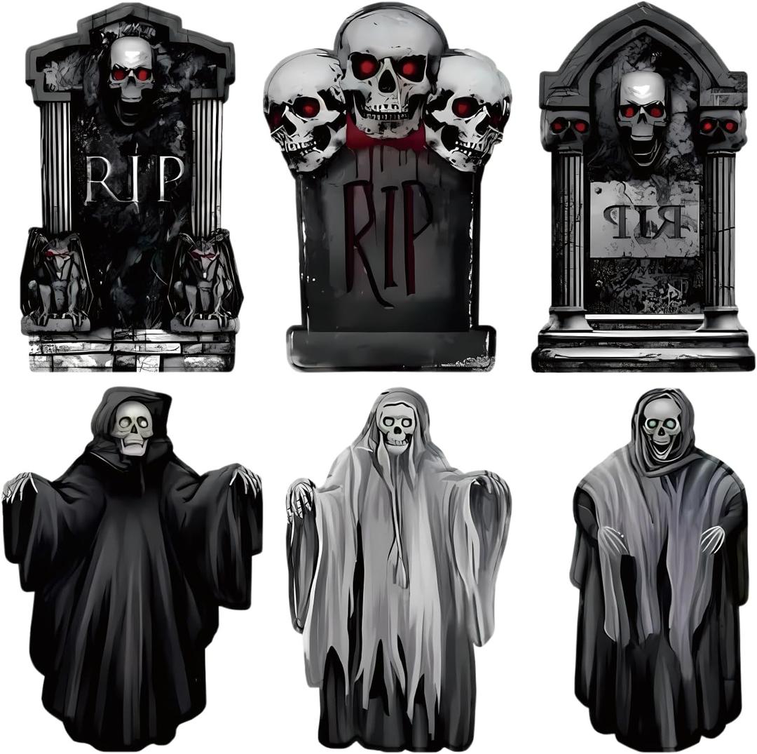 2 x 6 Pcs Halloween Decorations Outdoor, 17" Large Realistic Halloween Cemetery Tombstone Yard Signs with Stakes, Waterproof Lawn Garden Outside Decorations - Set 2