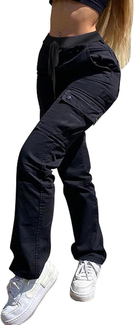 SESERAGI Cargo Pants Women Work High Waisted Streetwear Carpenter Travel Womens Drawstring Hiking Pants (Large, Black)