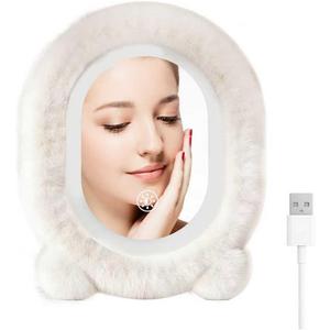 Plush Makeup Mirror with Lights,15.8"11.8" LED Makeup Mirror,Vanity Mirror Touch Screen with 3-Color Lighting,Lighted Up Mirror for Makeup Desk, Bedroom, Dressing Room,Women's Gift(White)