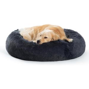 SAVFOX Plush Calming Dog Beds, Donut Dog Bed for Large Dogs, Comfy Cuddler Dog Bed and Cat Bed in Faux Fur, Washable Dog Bed, L (Dark Grey)
