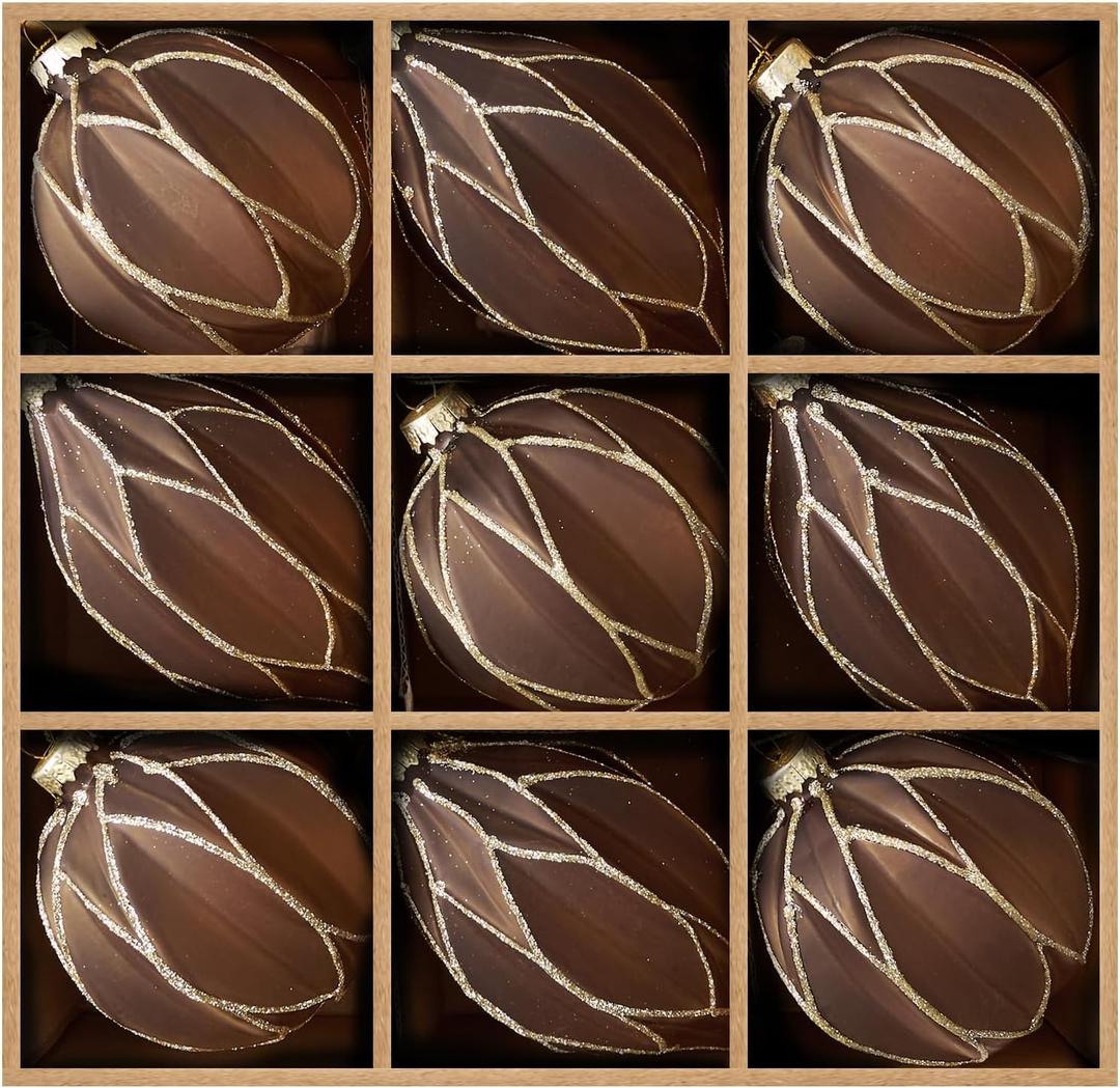 WDS WONDROUS Christmas Ball Ornaments, Vintage Ball & Teardrop Xmas Tree Ornament Set, Hanging Assorted Glass Balls for Holiday Home Party Decor (9Pcs, Brown & Gold Line)