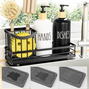 Moforoco Kitchen Dish Soap Dispenser Set, 16OZ Glass Bottle, Hand and Dish Soap Dispenser Set, Instant Dry Tray, Brush Holder with Smiley Face Sponge Holder (Universal Black Tray+Black&White Bottle)