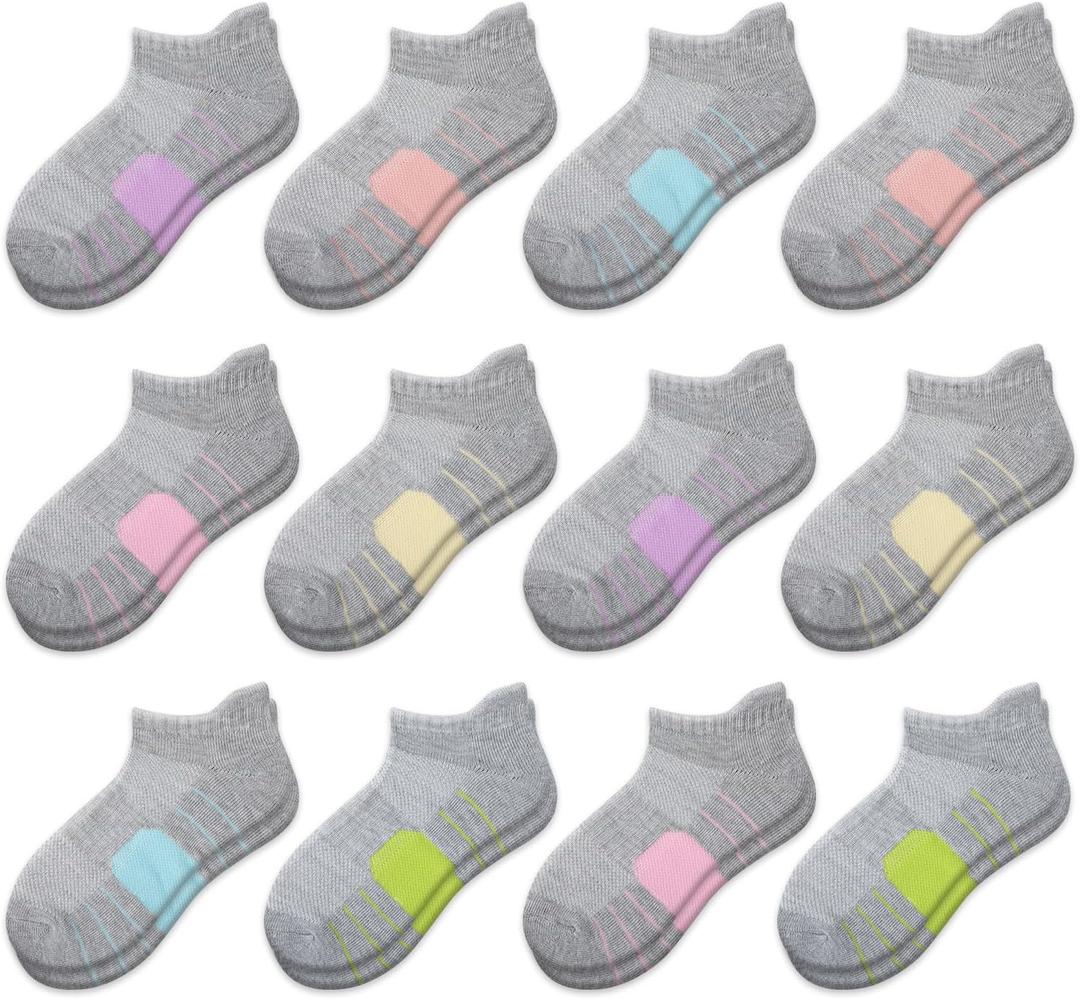 Comfoex 12 Pairs Girls Socks Ankle Athletic low cut Socks With Cushioned Sole For Little Big Kids,Size: 7-10 Years