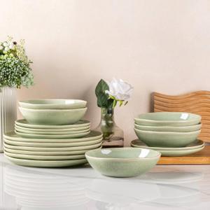 AmorArc Ceramic Dinnerware Sets,Handmade Reactive Glaze Stoneware Plates and Bowls Sets,Highly Scratch Resistant | Dishwasher & Microwave Safe Dishes Set,Service for 6 (18pc) (Olive Green)