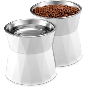 Lallisa 2 Pcs Elevated Cat Bowls Adjustable Raised Cat Feeder Non Slip Food Water with Stand Safe Stainless Steel Bowls with Pet Food Stand for Pets Feeding Eating (White)