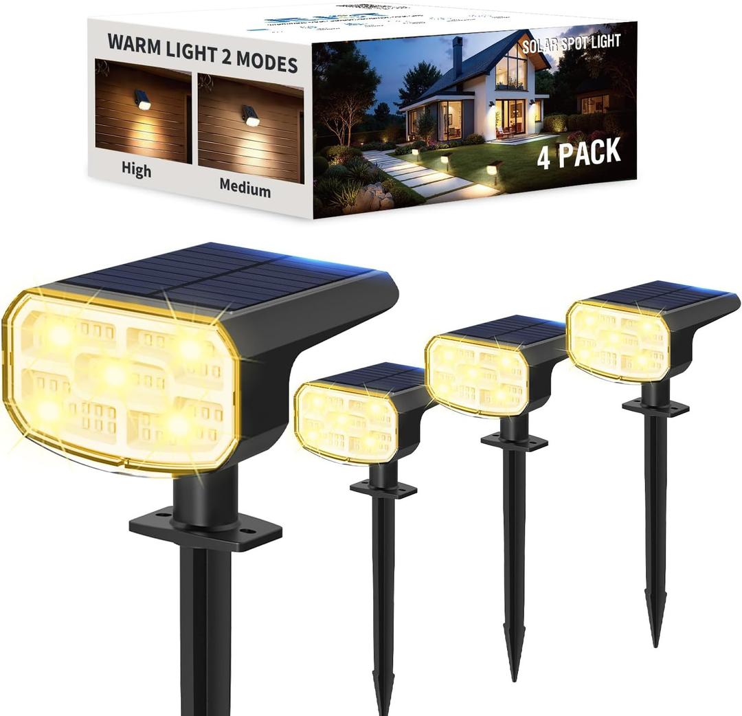 Solar Lights Outdoor Waterproof IP65, Super Bright LED, 3000K 2 Lighting Modes, Solar Powered Yard Garden Solar Spot Lights for Outside Landscape Auto On/Off -4 Pack