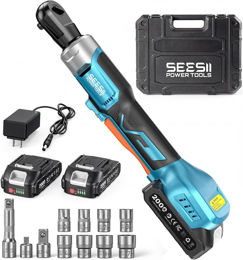 Seesii 3/8" Cordless Ratchet Wrench Set, 60 ft-lbs (80Nm) High Torque Electric Ratchet, 21V Max & 22.0Ah Batteries, 300 RPM, Fast Charger, LED Work Light,1017mm Socket Set, Extension Bar & Case