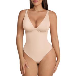 FeelinGirl Shapewear Bodysuits for Women Tummy Control Body Suits Deep V Neck Thong Body Shaper (Medium, Nude)