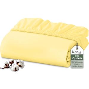 Royale Linens 100% Organic Cotton Fitted Sheet - Percale Weave - Super Soft Deep Pocket Bottom Sheets - Elastic Sheet Queen Size - Queen Fitted Sheets Only - (60"x80"+15", Yellow)