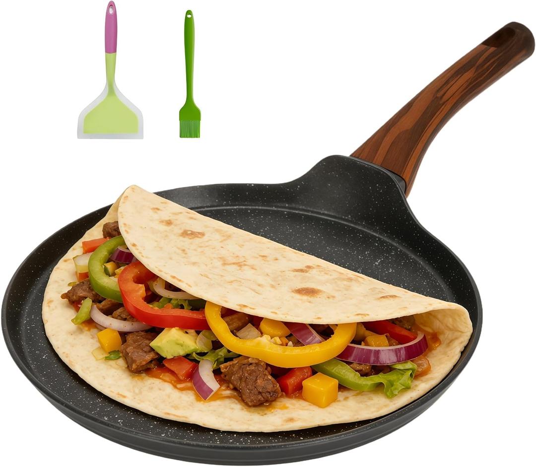 Nonstick Crepe Pan, 11 Inch Large Pancake Griddle with Detachable Handle, Granite Stone Omelette Pan, PFOA Free Comal for Tortillas & Dosa, Induction Compatible, Includes Silicone Spatula & Brush