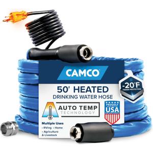 Camco 50-foot Heated Water Hose for RV — Prevents Freezing Down to -20° — Certified For Drinking Water & Lead-Free — Great for Campers, Livestock, Agriculture, Kennels, etc. — 5/ 8" ID (22912)