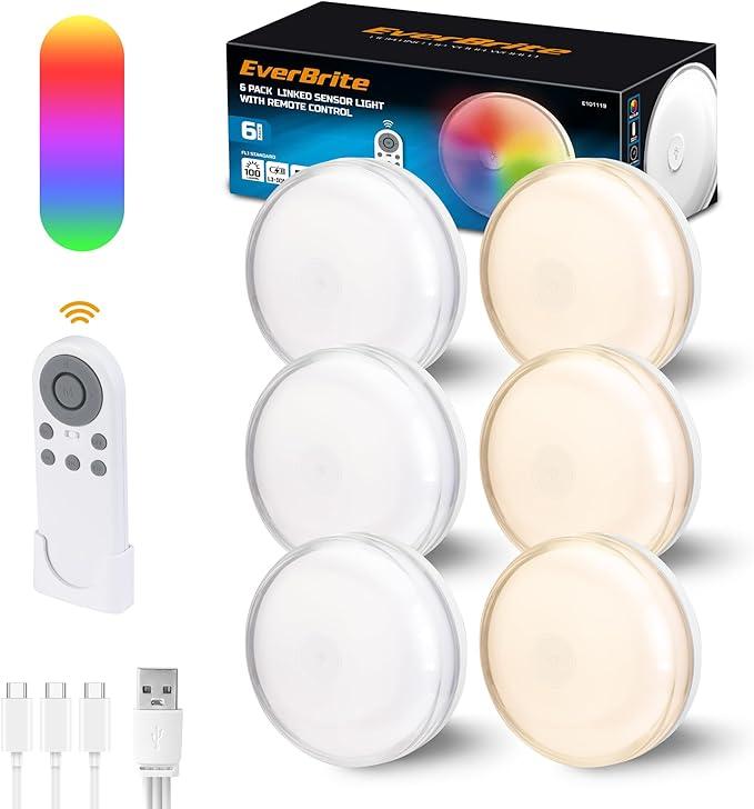 EverBrite Puck Lights with Remote, Rechargeable Linked Sensor Under Cabinet Lights, 10 RGB Colors, Group Control Dimmable Kitchen & Bedroom (6Pack)