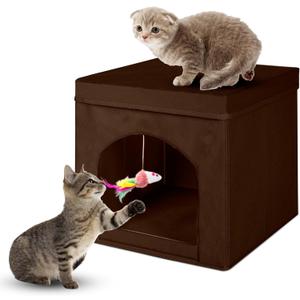 Powering Collapsible Cat House for Indoor Cats - Foldable Cat Cube with Top Cushion and Mat, 13 x 13 x 13 Inches, Brown