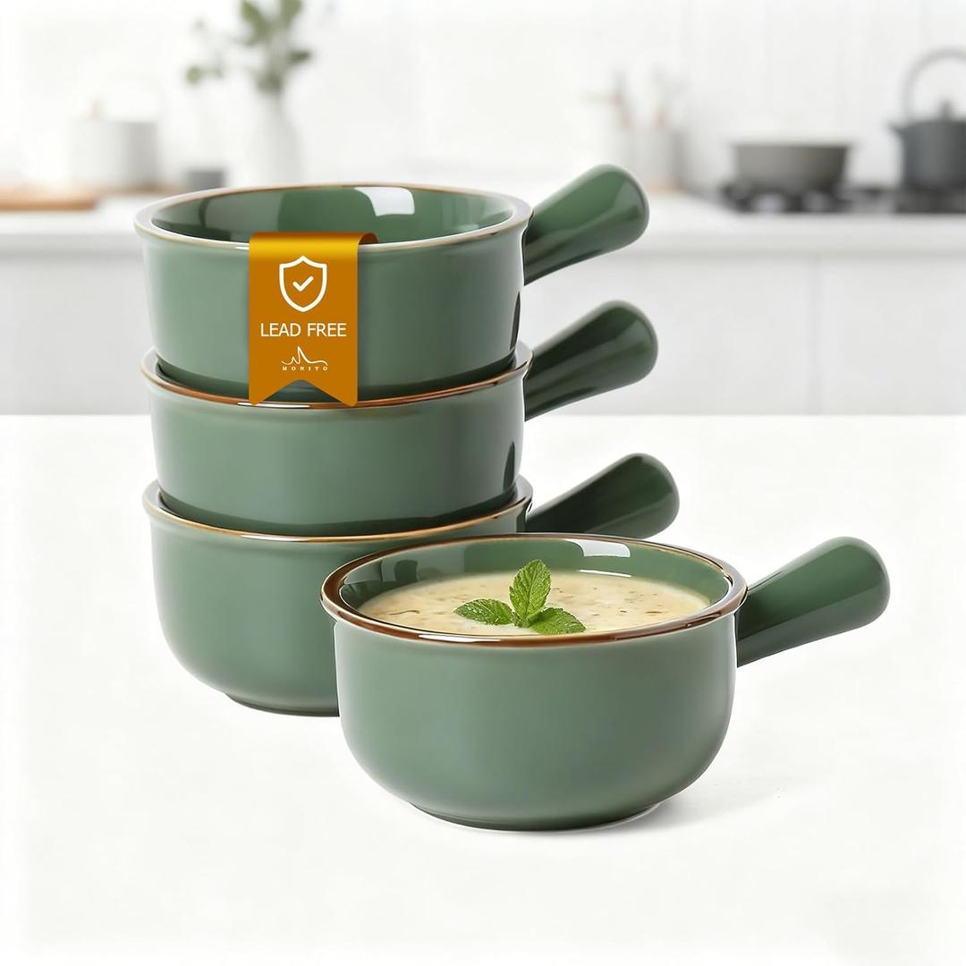 MONITO 14 Oz French Onion Soup Bowls, Ceramic Soup Bowls with Handles, Stackable Soup Crocks Oven Safe for Chili, Beef Stew, Cereal,Casseroles Microwave & Dishwasher Safe, Set of 4, Forest Green