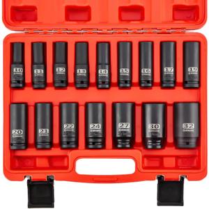 1/2 Inch Drive Impact 16 PCS Hex Socket Set,Metric Deep (10-32mm) Sockets,6 Point Radius Corner Design,CR-MO Alloy Steel,Square Chamfered Opening,Axle Nut Socket For Auto Repair