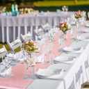 Tudomro 12 Pcs White and Rose Gold Disposable Plastic Tablecloths and Satin Table Runner Set, 54 x 108 Inch Tablecloth, 12 x 108 Inch Table Runners for Wedding Baby Shower Birthday Party