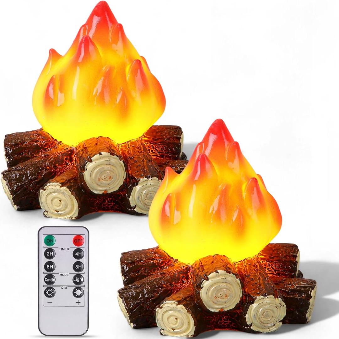 Retisee 2 Pack Artificial Fake Fire Campfire Night Light Flameless Candle 3D LED Fake Firewood Lamp with Remote and Timer, Battery Operated Candle for Halloween Christmas Party Decor 5 x 5.5 in