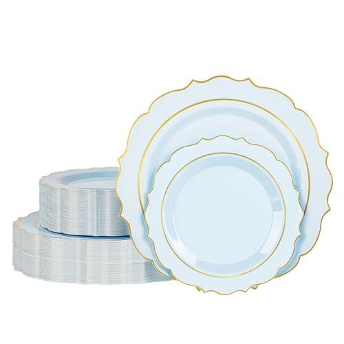 Ciselure 60PCS Blue Plastic Plates, Disposable Elegant Party Plate with Gold Rim, Heavy Duty 30 Dinner and 30 Dessert Fancy Plates for Party and Wedding