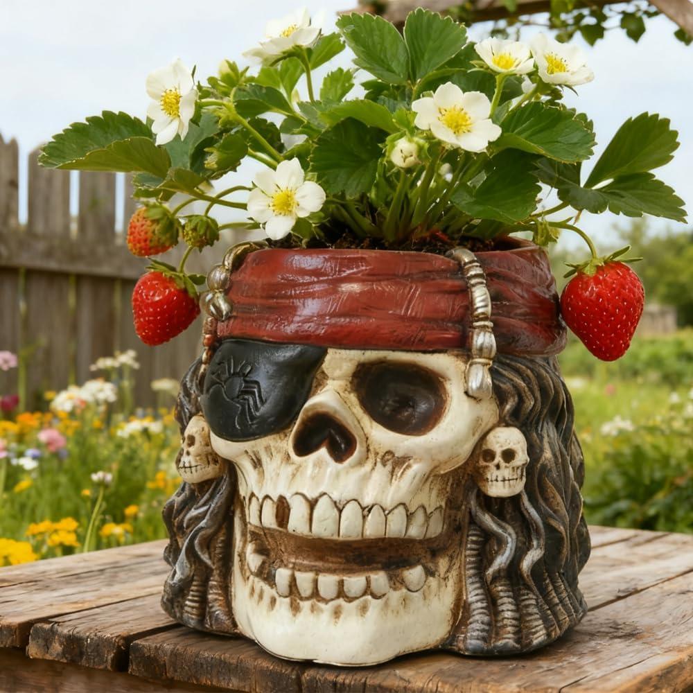 Skull Planter, Skulls Flower Pot, Skull Bowl, Skeleton Succulent Pots, Gothic Plant Pots with Drainage, Goth Statue Flower Pots, Indoor/Outdoor Pirate Figurine, Halloween Decoration, Funny Home Decor (Red Scarf)
