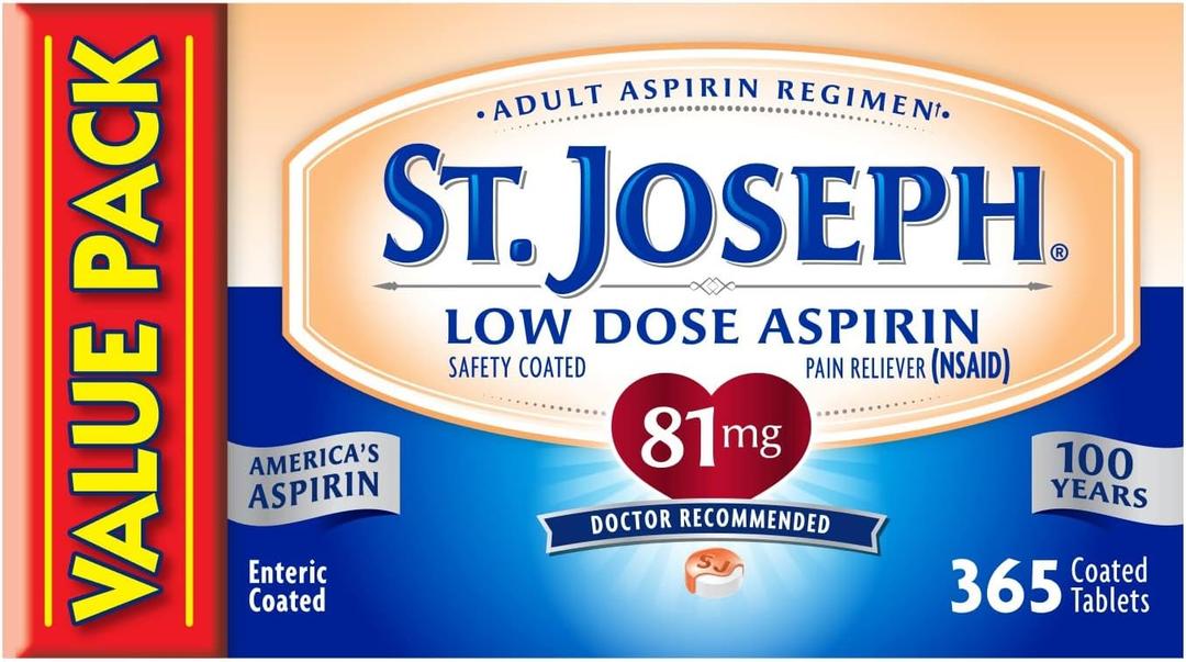 St. Joseph Aspirin Pain Reliever (NSAID) 81mg, Enteric Safety Coated, Adult Low Dose Aspirin, 365 ct (1 Year Supply, Packaging May Vary) St. Joseph Aspirin Pain Reliever (NSAID) 81mg, Enteric Safety Coated, Adult Low Dose Aspirin, 365 ct (1 Year Supply, Packaging May Vary)