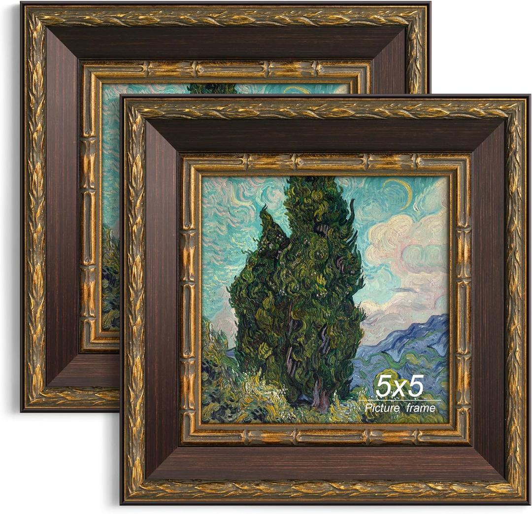 Yaetm Vintage 5x5 Picture Frame, Ornate Antique Bronze 5 x 5 Square Frame with Real Glass, 1.4-inch Wide Molding, Display Photos & Art Print on Tabletop or Wall Mounting (Brown/Gold, 2 Pack)