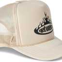 Flame Cap, Funky Streetwear Hat with Bold Graphics, Trucker Fit, Breathable Mesh Back and Curved Brim, Cream, One Size