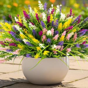 N&T NIETING 10 Bundles Artificial Plants Outdoor Fake Monkey Grass with Flowers Faux Greenery for Pot Garden Verandah Decor Window Patio Hanging Planter Pathway Front Porch 