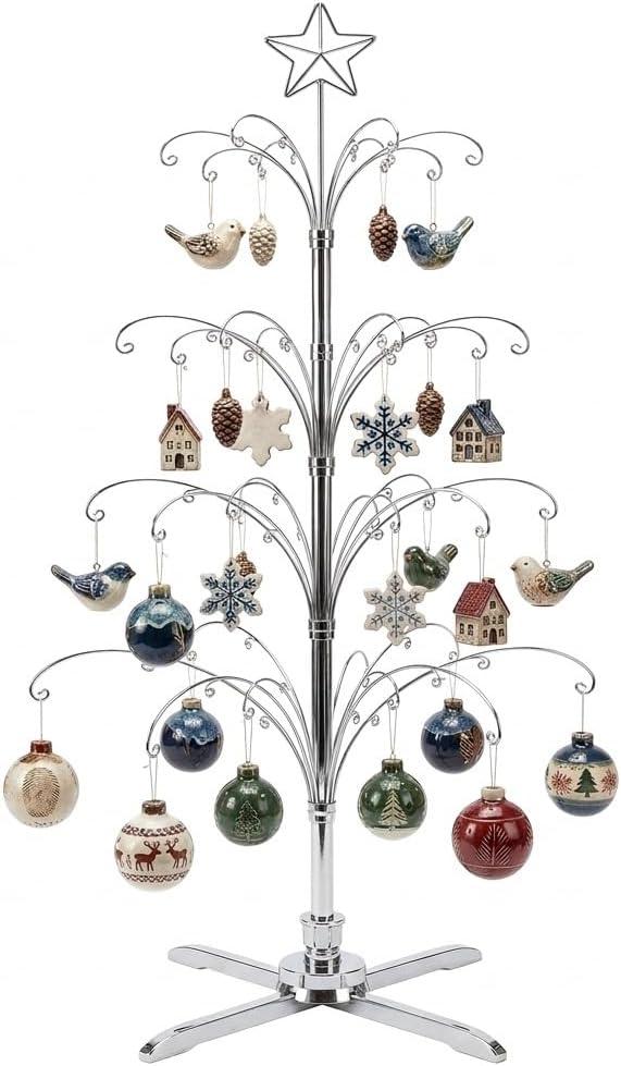 HOHIYA 74 Rotating Ornament Display Tree 90 Hook Heavy-Duty Metal Ornament Stand Elegant Chrome Silver Indoor Holiday Decor Christmas Tree Alternative Gift idea Taiwan Made