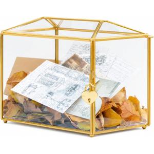 Wedding Card Box with Slot and Lock, 10.2'' Glass Card Boxes for Reception, Gold Decorative Card Holder, Clear Reusable Keepsake Storage for Wedding, Party, Baby Showers, Tabletop Decor