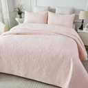 Brandream Queen Size Quilt Set Cotton Light Pink Floral Quilts Botanical Themed Matelasse Coverlet Set 3-Piece