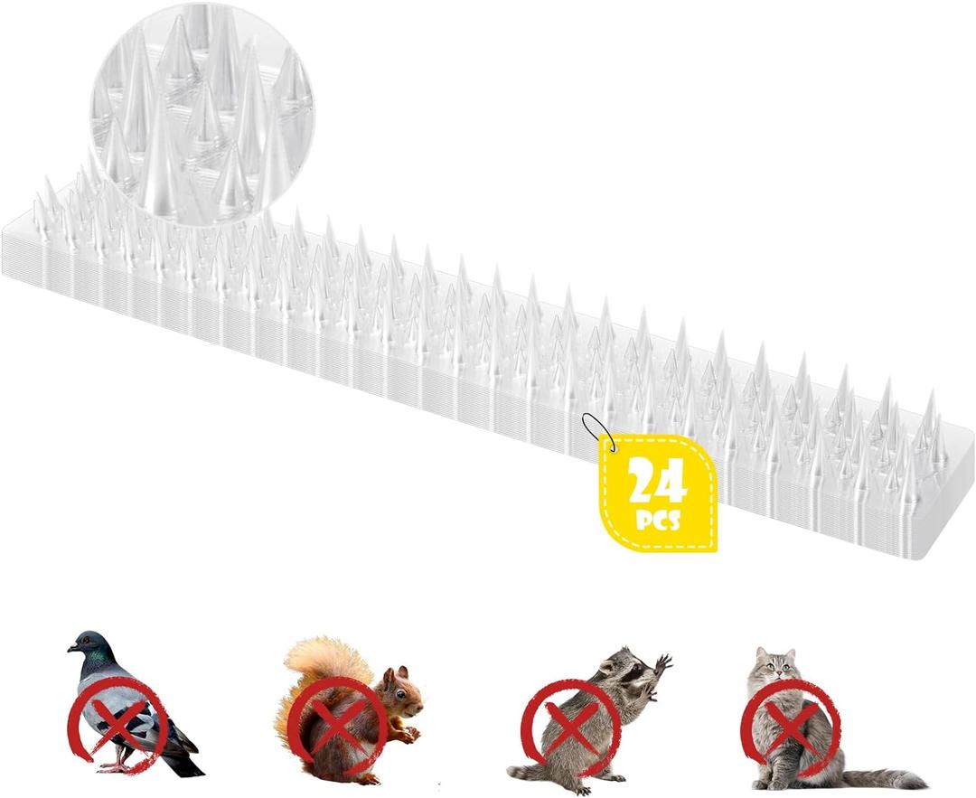 Touri Upgraded 24 Pack Clear PVC Bird Spikes Deterrent Strips, Long Paired with Short Spikes Provide Narrow Gaps to Restrict Birds from Standing and Keep Birds, Cats, Pigeons, and Other Animals Away
